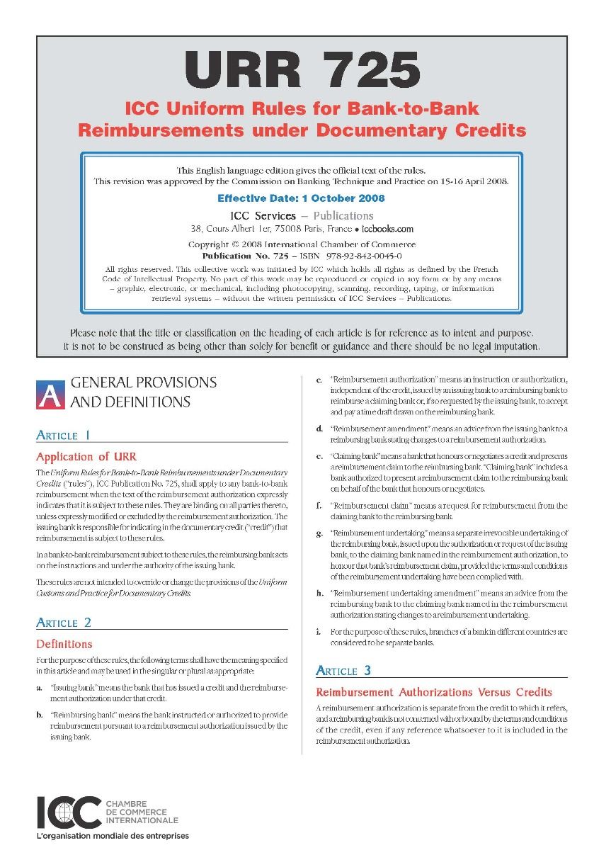 Règles uniformes d'ICC pour les remboursements de banque à banque en vertu de crédits documentaires - RUR 725